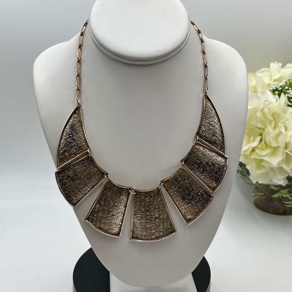 Vintage‎ Egyptian Sterling Silver Hieroglyphics Engraved Collar Panel Necklace